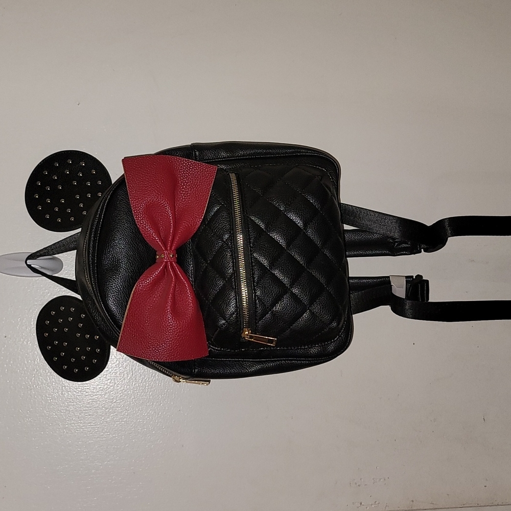 Olivia Miller Black Quilted Mini Backpack with Red Bow and Studded Ears